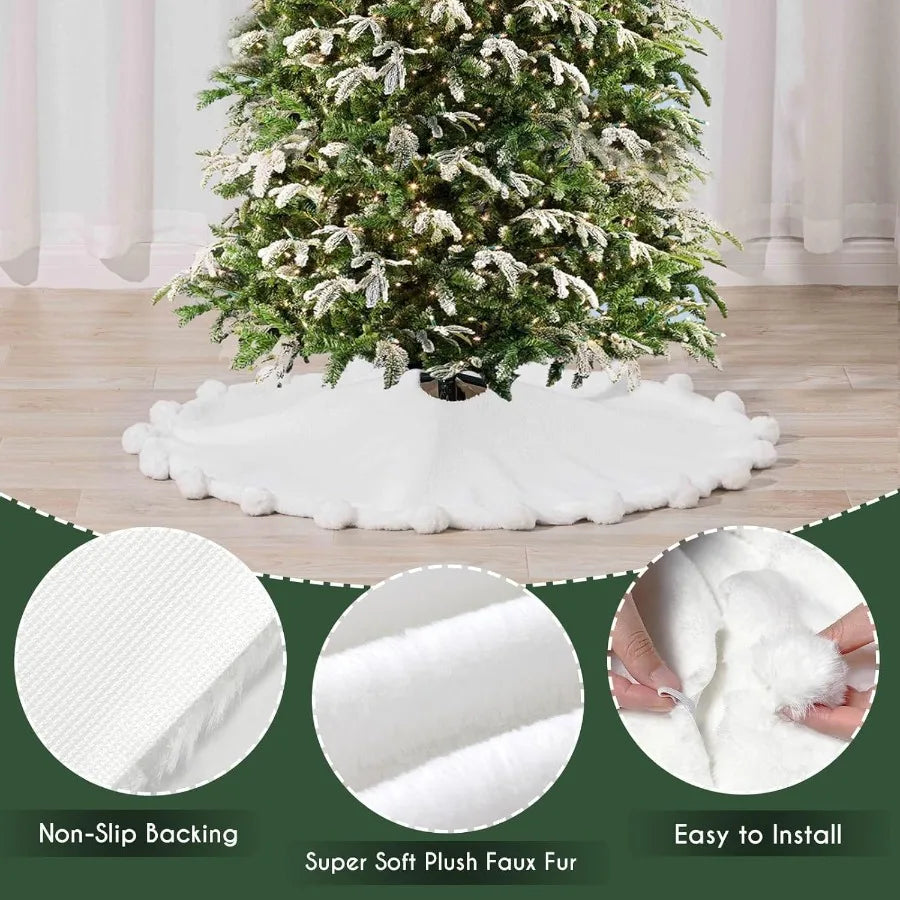Soft Faux Fur Christmas Tree Skirt With Pom Pom Accents