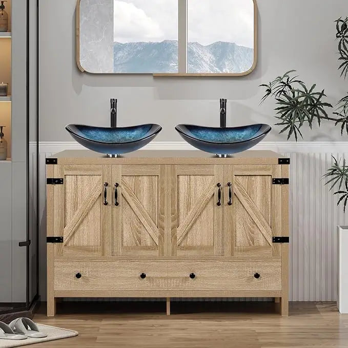 HUANZHUANG Rustic Bathroom Vanity With Ceramic Vessel Sinks