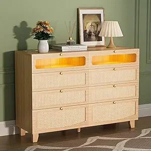 MKDK Rattan Dresser With 8 Drawers And LED Lighting