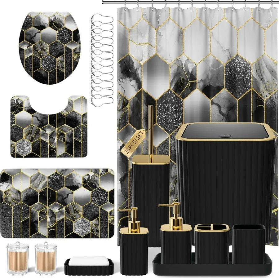 Bathroom Accessory Set With Shower Curtain And Soap Dispenser