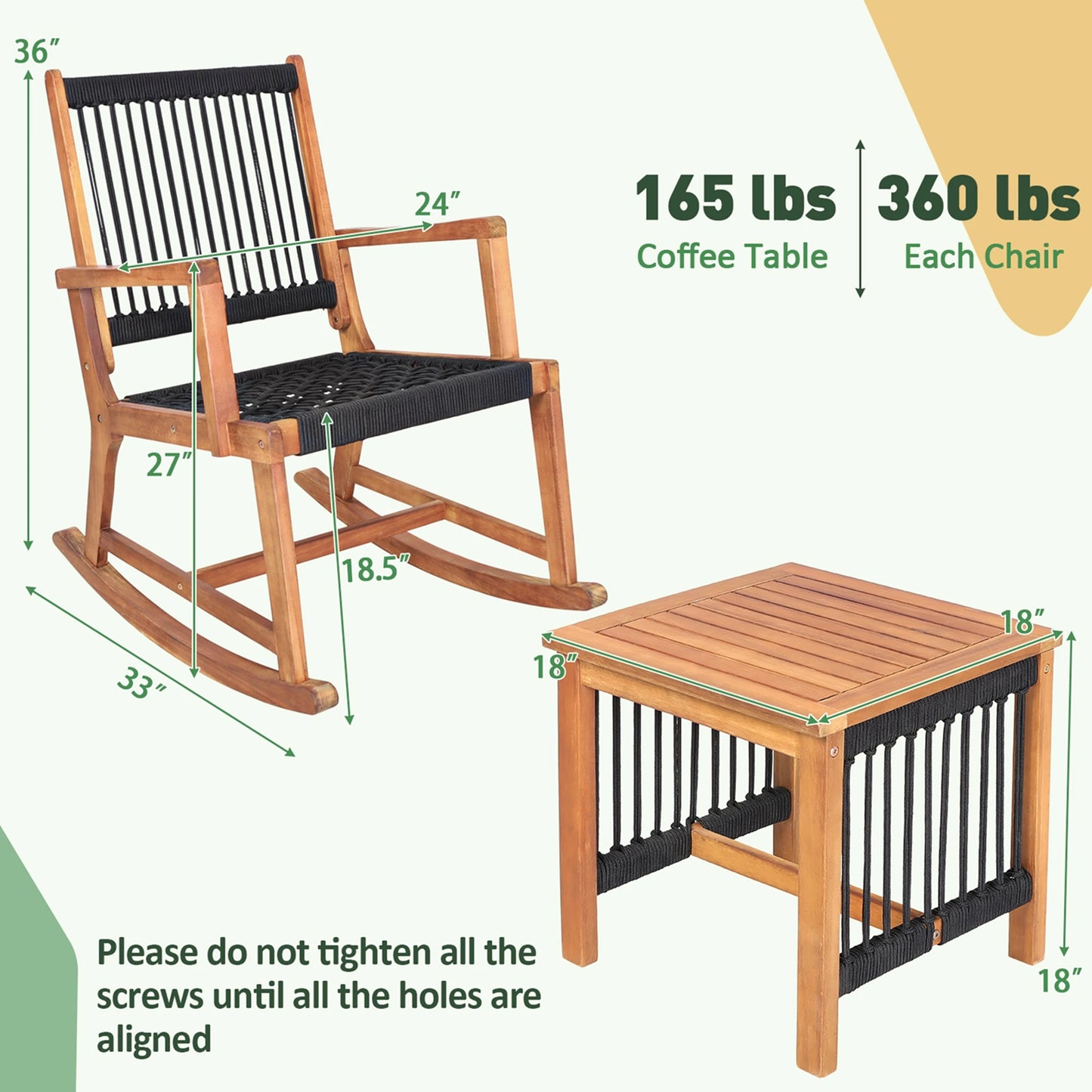 HOMASIS Patio Acacia Wood Bistro Table and Rocking Chair Set