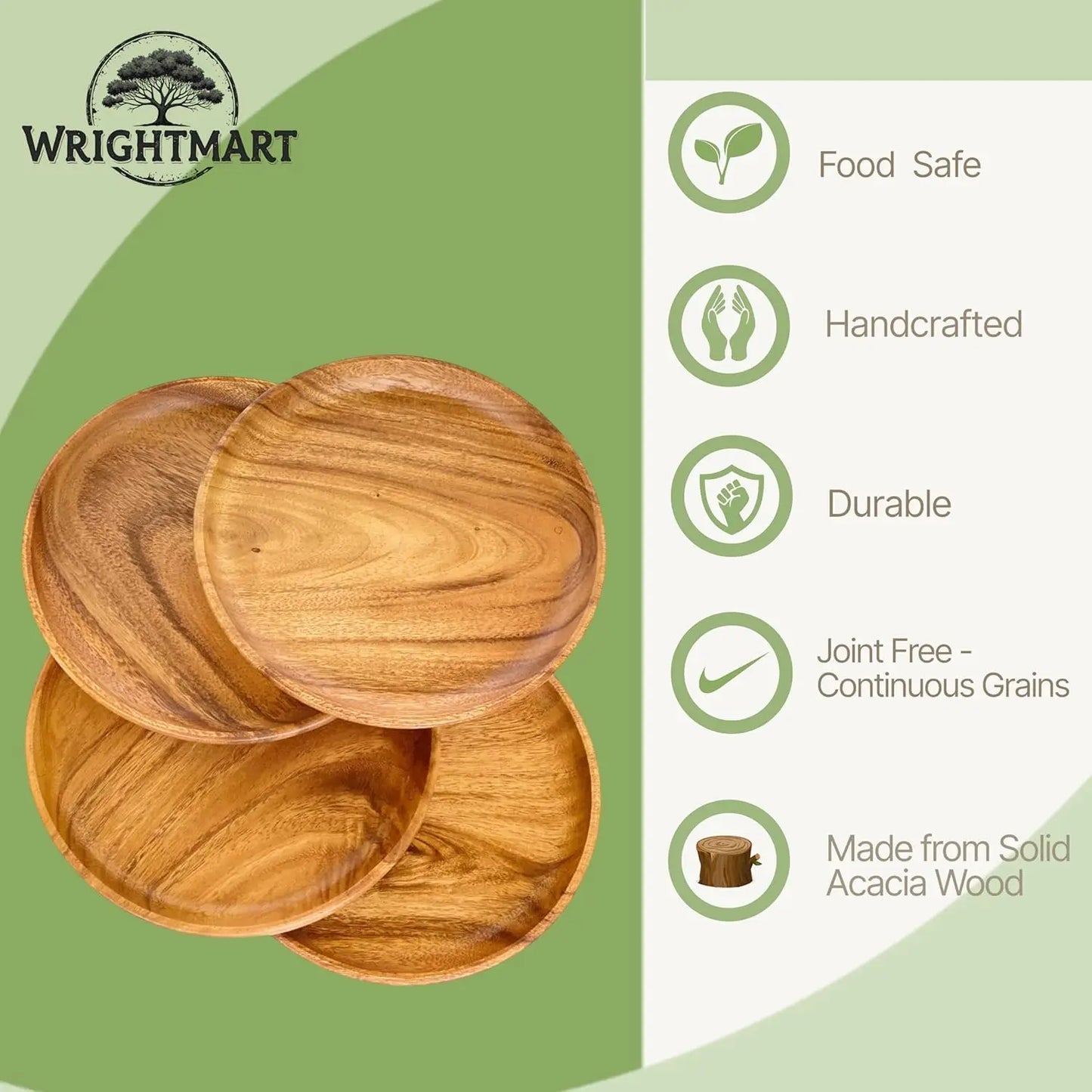 Wooden Plates Handcrafted Set of 4 Acacia Dining Plates