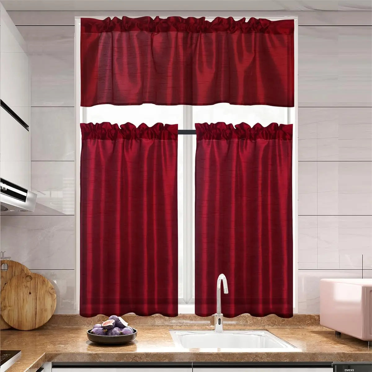 Jiangsu Craft Of Weaving Faux Silk Sheer Curtain Set 3 Panels With Valance