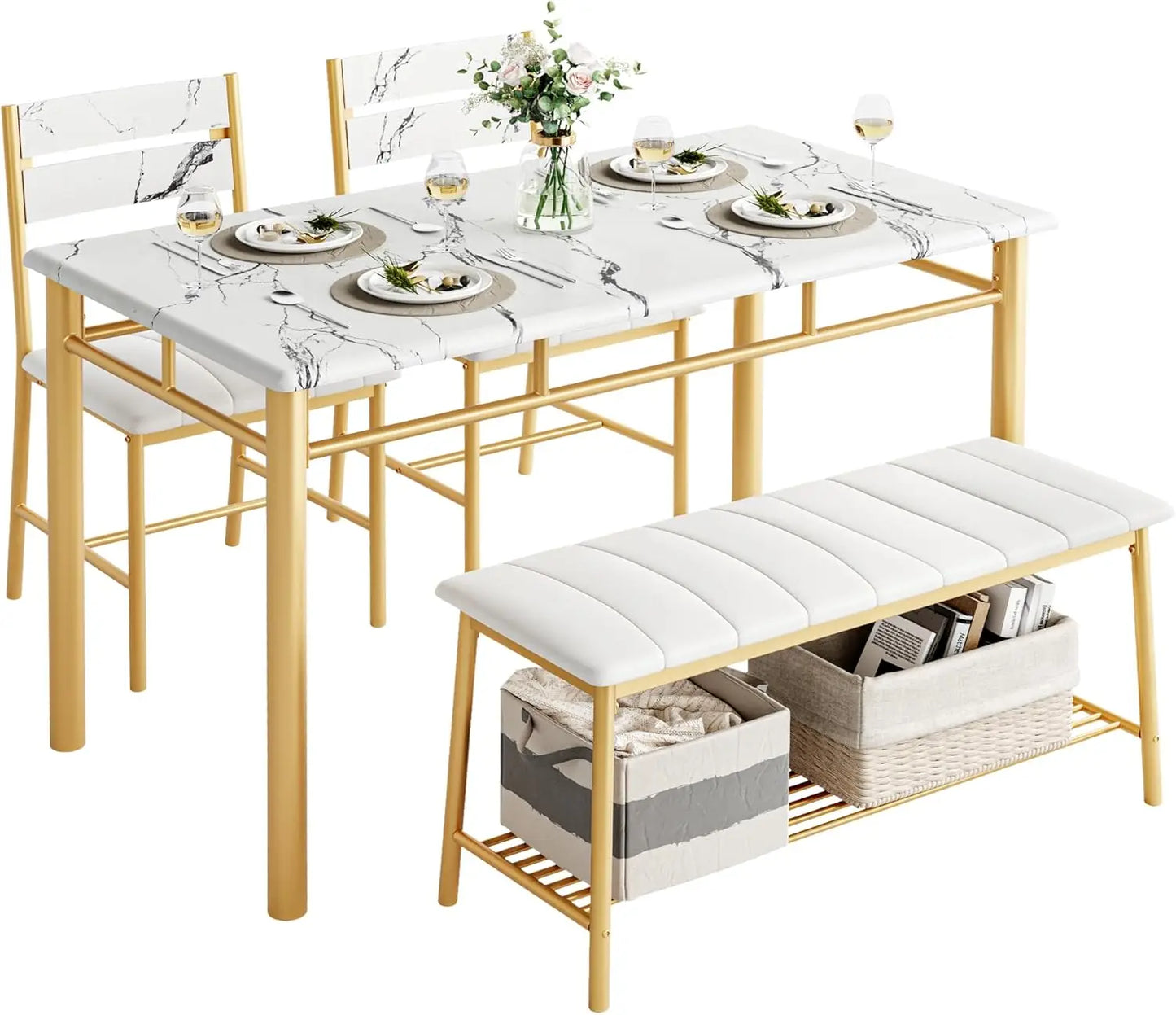 IRONCK Dining Table Set With Upholstered Bench And Chairs
