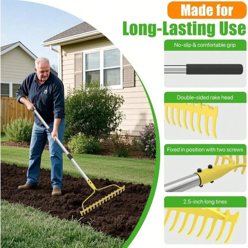 Bow Rake Heavy Duty 17 Tine Metal Rake With Stainless Steel Handle