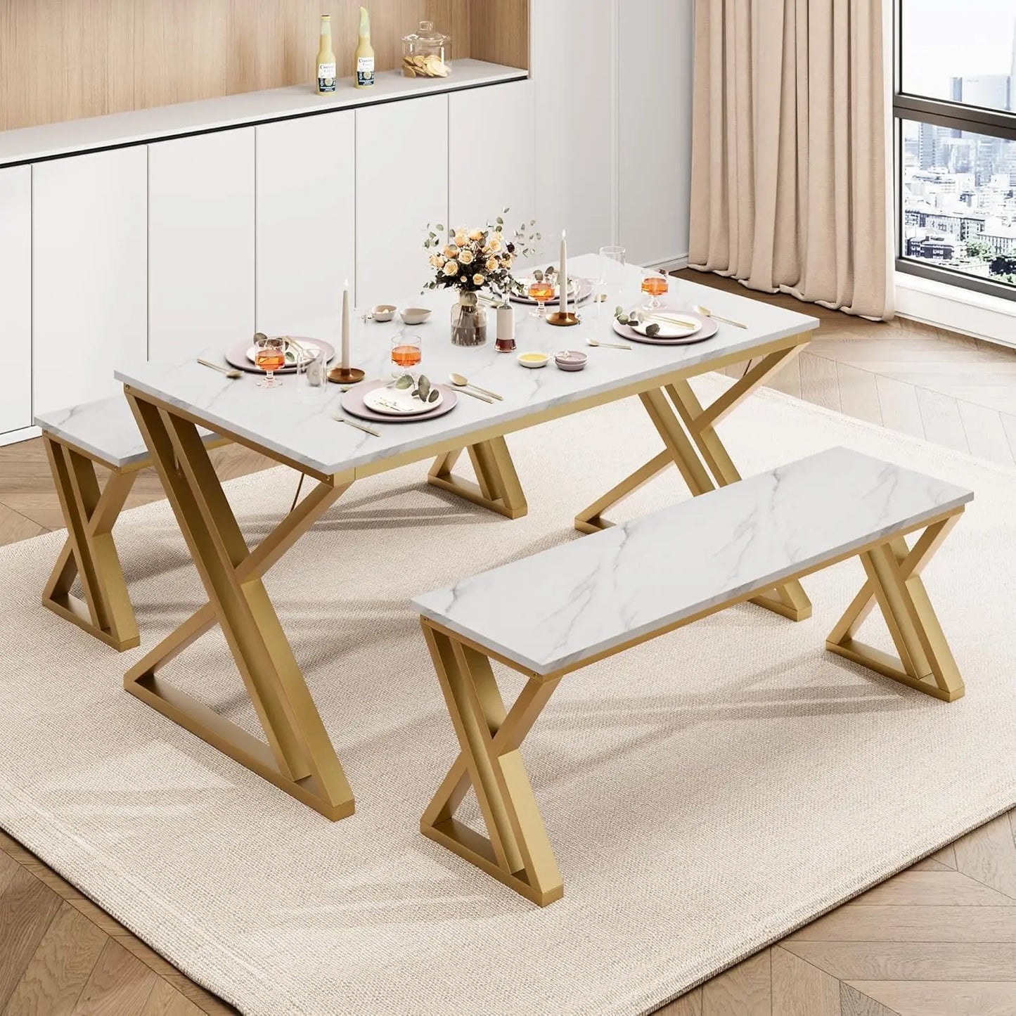HobbyLane Kitchen Table Set For 4 With Benches SpaceSaving Dinette
