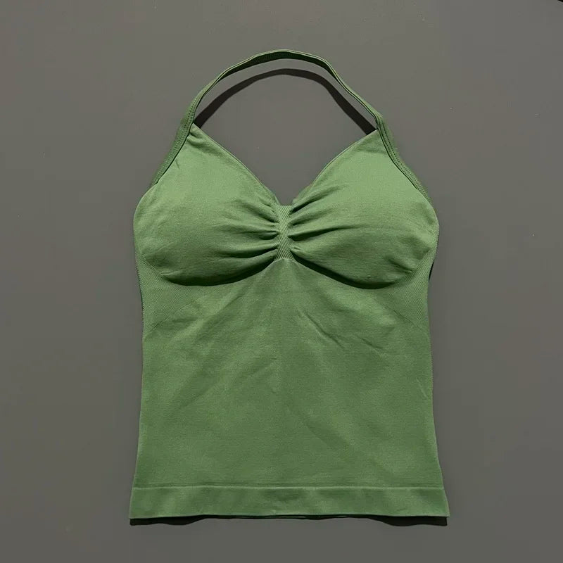 Women Gym Halter Top Longline Strappy Yoga Tank Removable Cups
