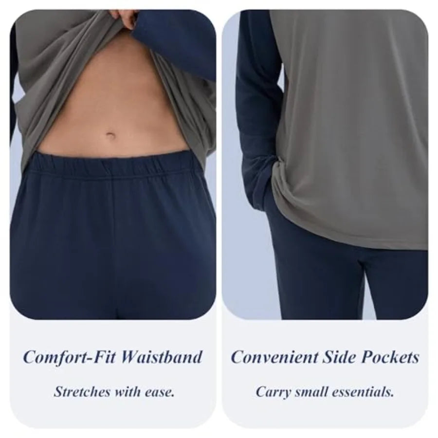 Men's Polyester Pajama Set 2-Piece Long Sleeve Nightwear With Pockets