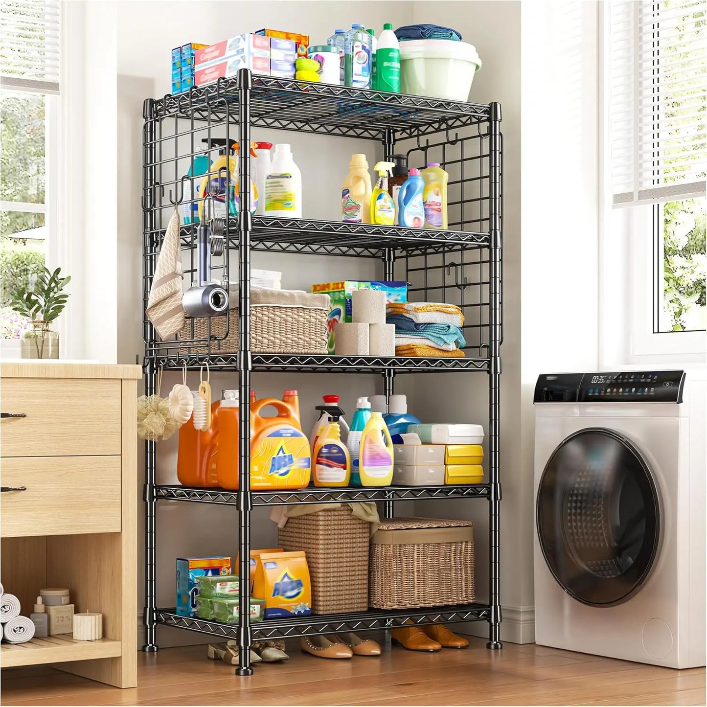 Five Tier Metal Shelving Unit With Side Hanging Net Hooks Adjustable
