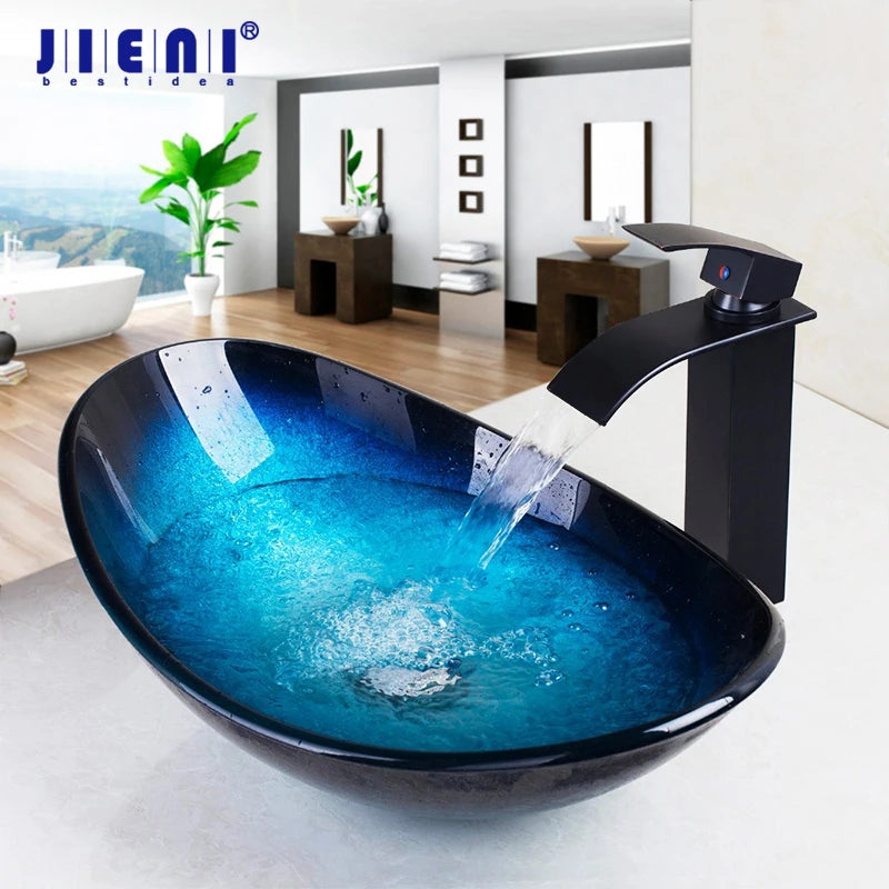 JIENI Tempered Glass Waterfall Spout Basin Faucet Set