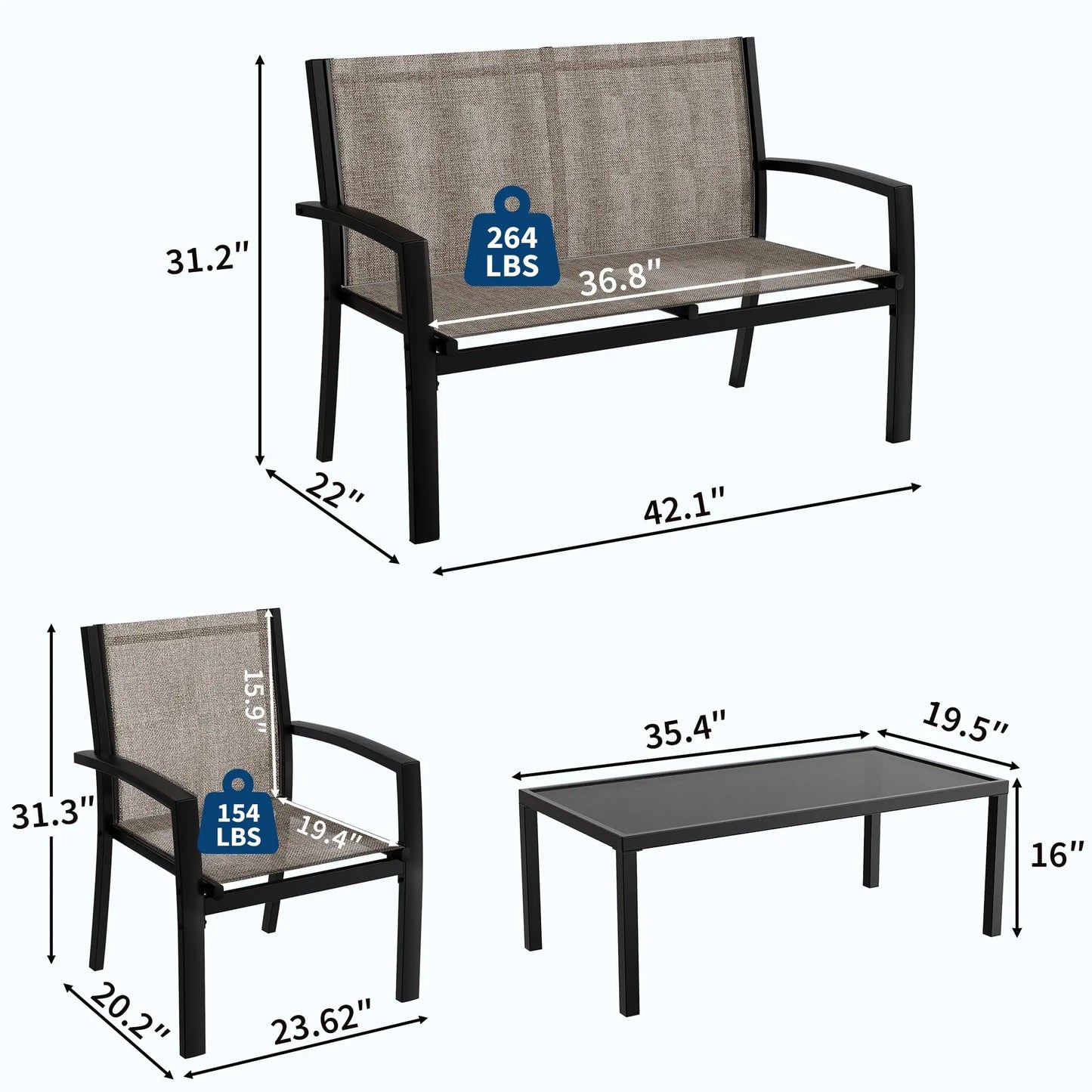 HobbyLane Modern 4-Piece Metal Patio Set With Textilene Mesh