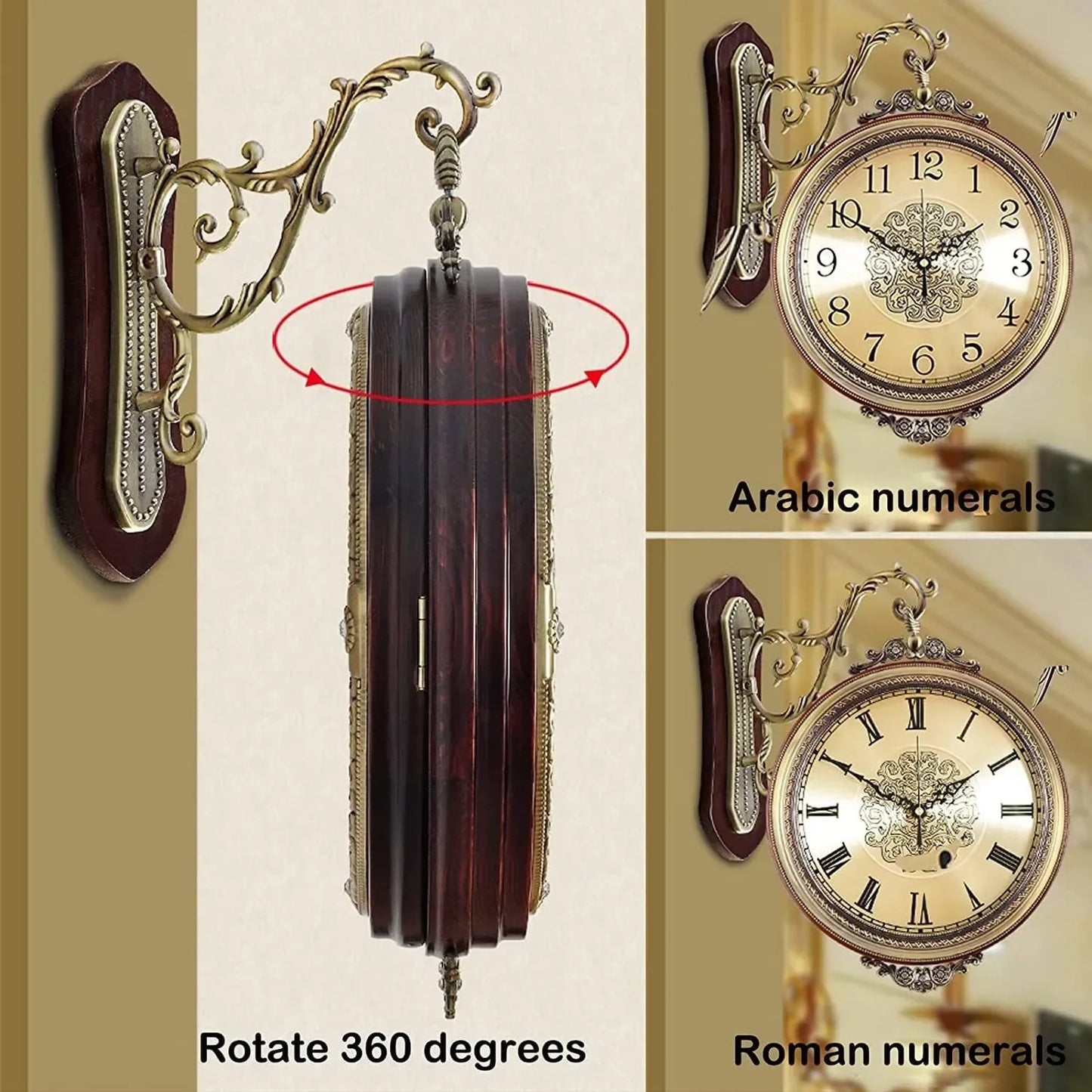 Double Sided European Style Alloy Wall Clock Silent NonTicking