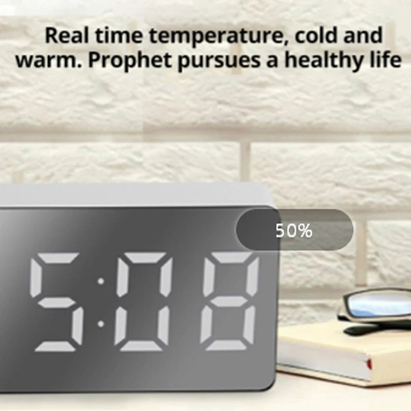 LED Mirror Clock With Snooze And Night Light USB Alarm