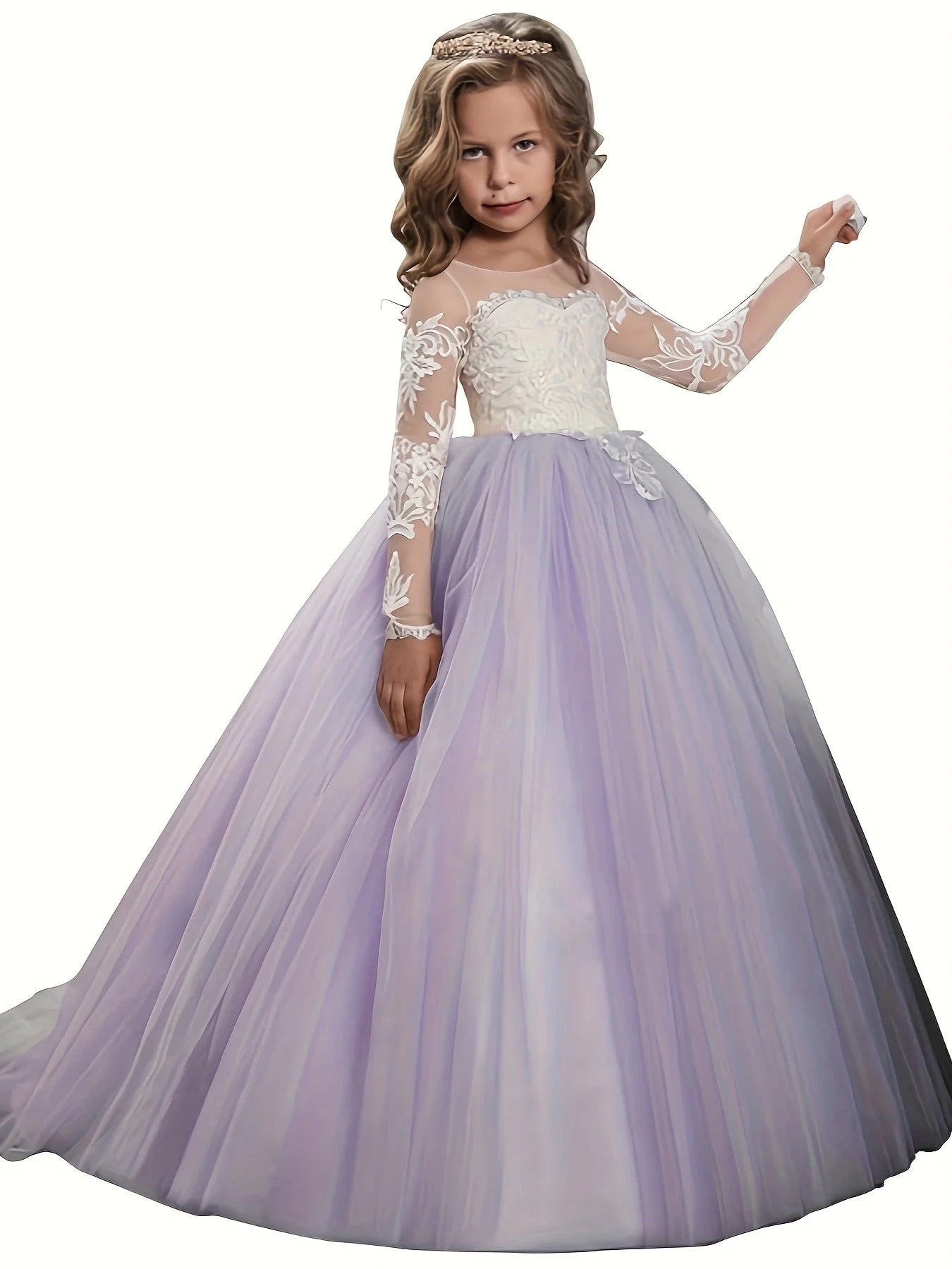 Abaowedding Lace Embroidery Sheer Long Sleeves Girls Gowns