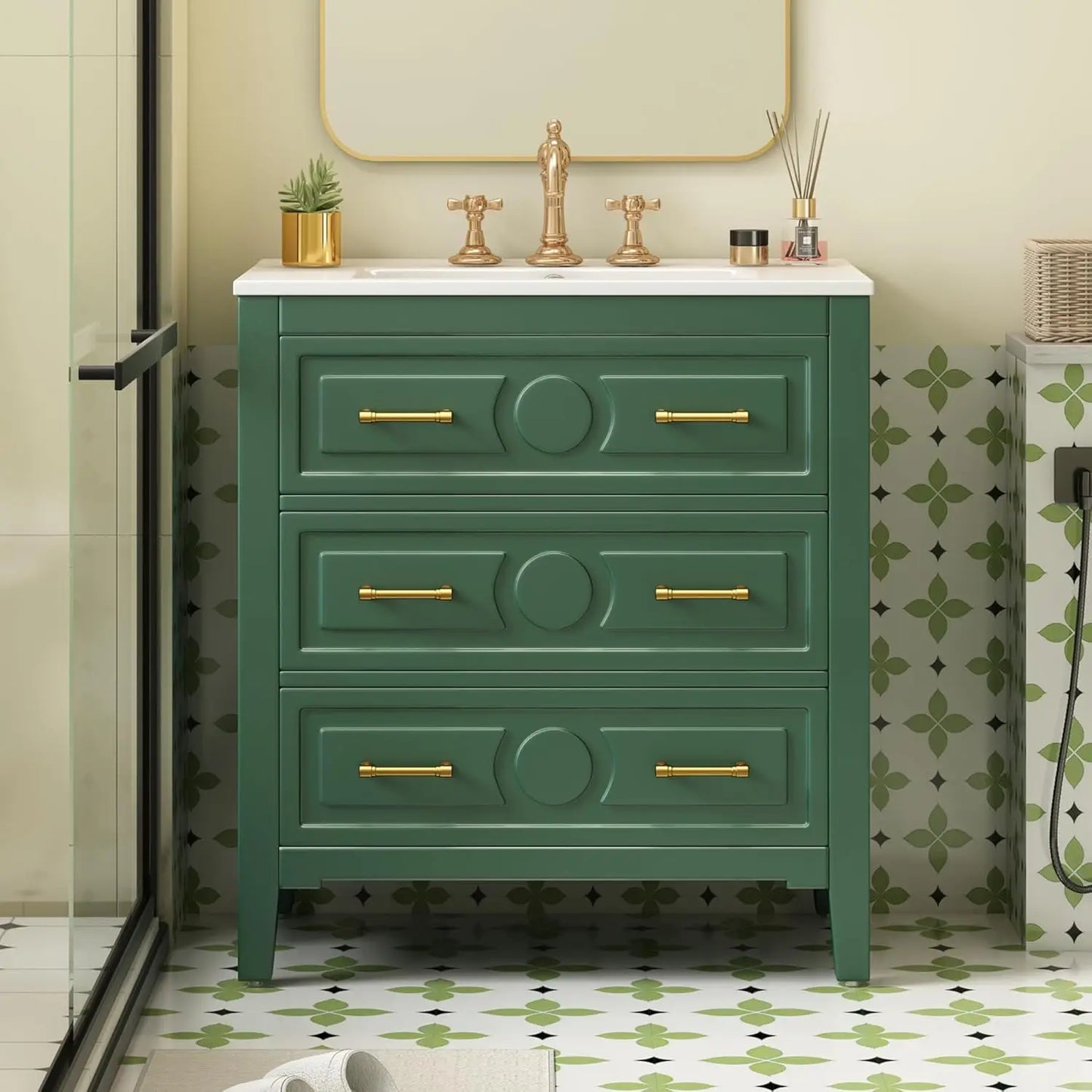 Solid Wood Bathroom Vanity With Ceramic Sink, Tip-Out Drawers