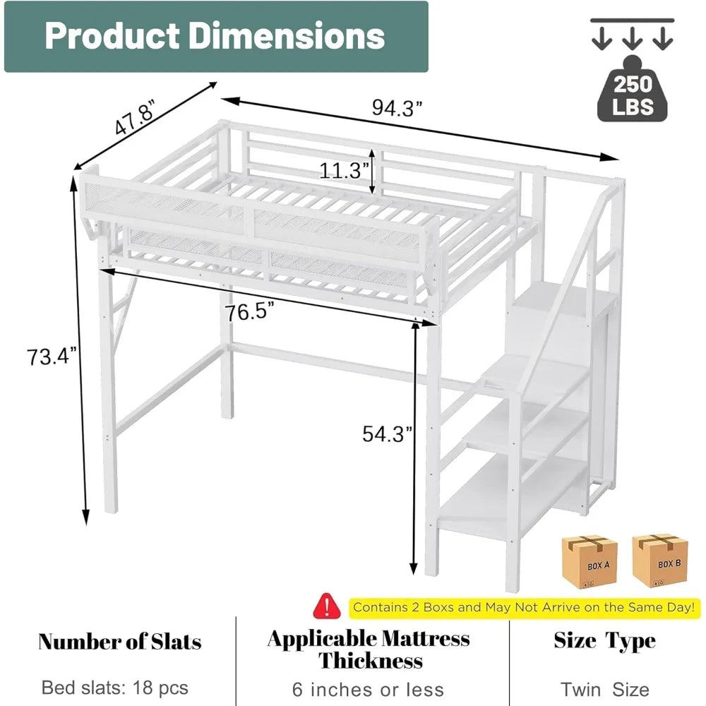 MKDK Metal Loft Bed With Stairs And Storage Wardrobe