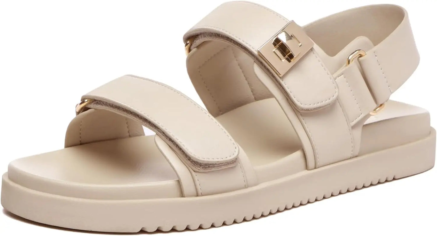 Women's Adjustable Leather Flat Sandals With Double Straps