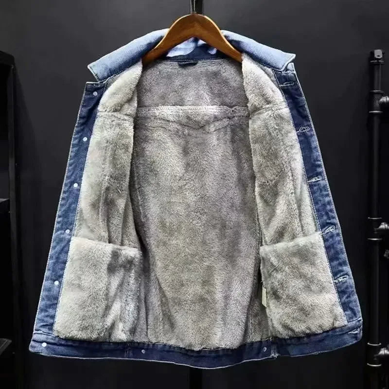 Denim Jacket Fleece-Lined for Men, Loose Fit Warm Casual Workwear