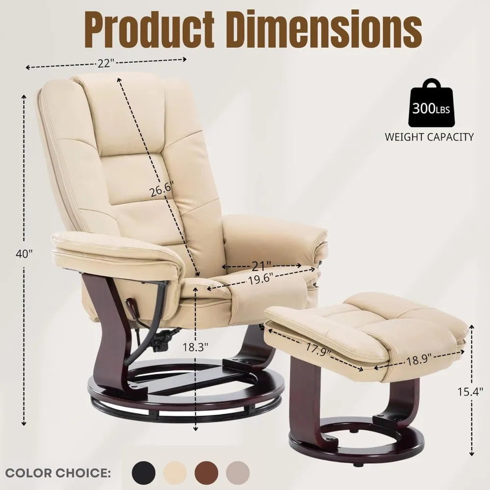 ZHUXIANG Argus Swivel Recliner With Ottoman PremiumPULeatherAndWoodBase Footrest Comfort