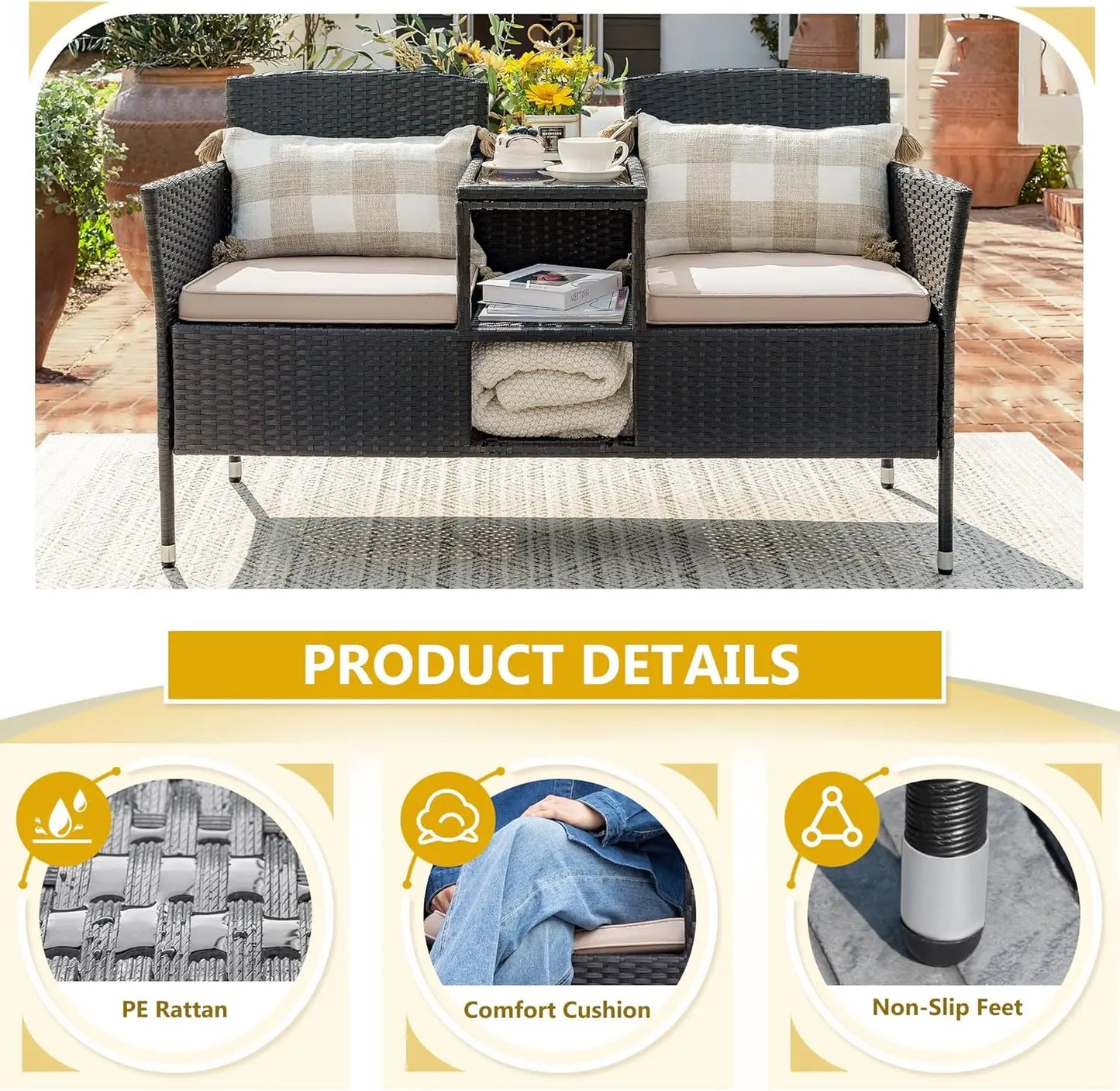 Folded Outdoor Patio Loveseat Modern Rattan 2 Seat Table Set
