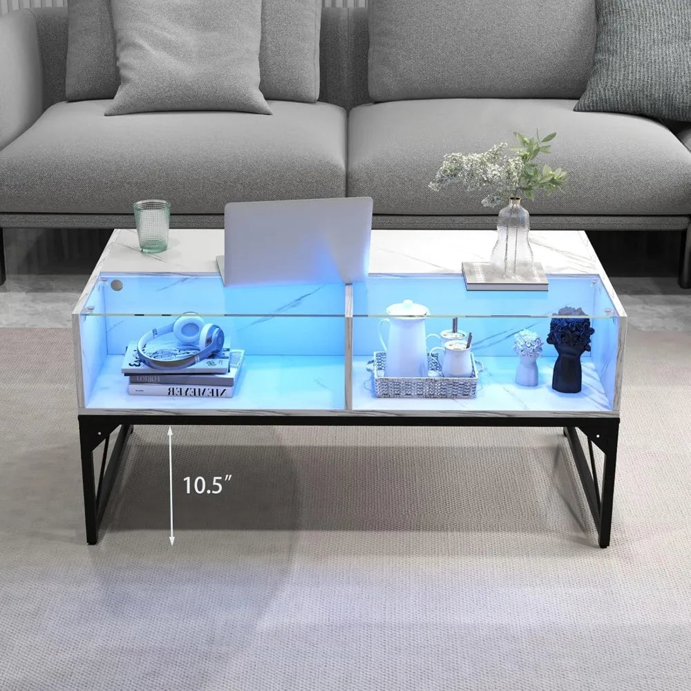 Led Coffee Table With Tempered Glass Top And Storage Cubes