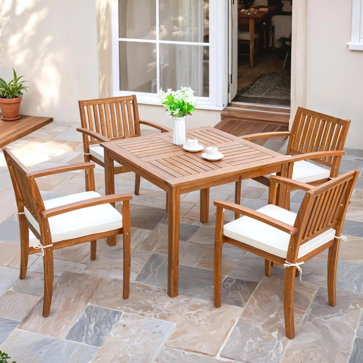 OEING Outdoor Dining Set Acacia Wood Table And Chairs