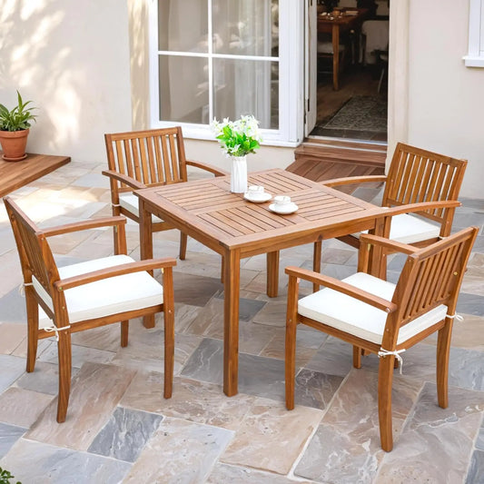 OEING Outdoor Dining Set Acacia Wood Table And Chairs