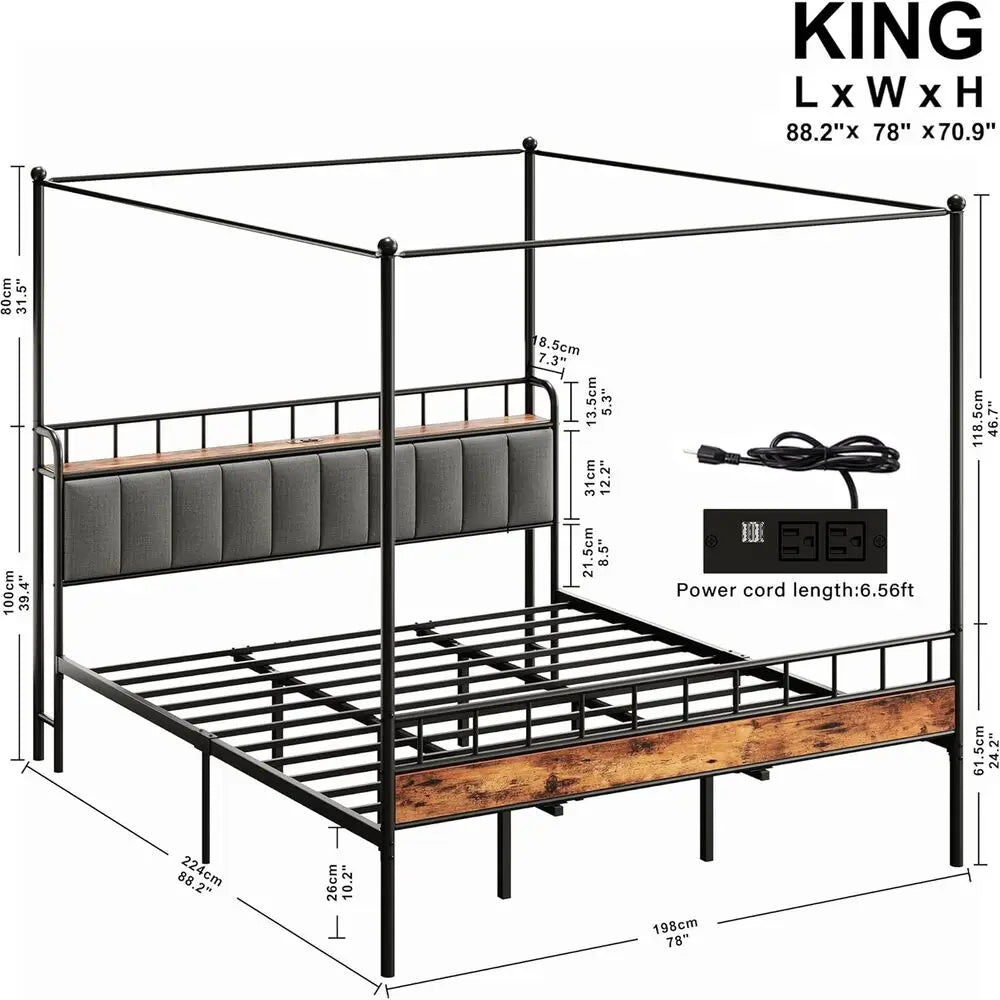 LIKIMIO Canopy Bed Frame Queen With Storage Headboard Charging Station