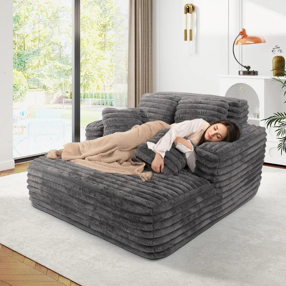 Oversized Faux Fur Chaise Lounge Sleeper Sofa with Pillows