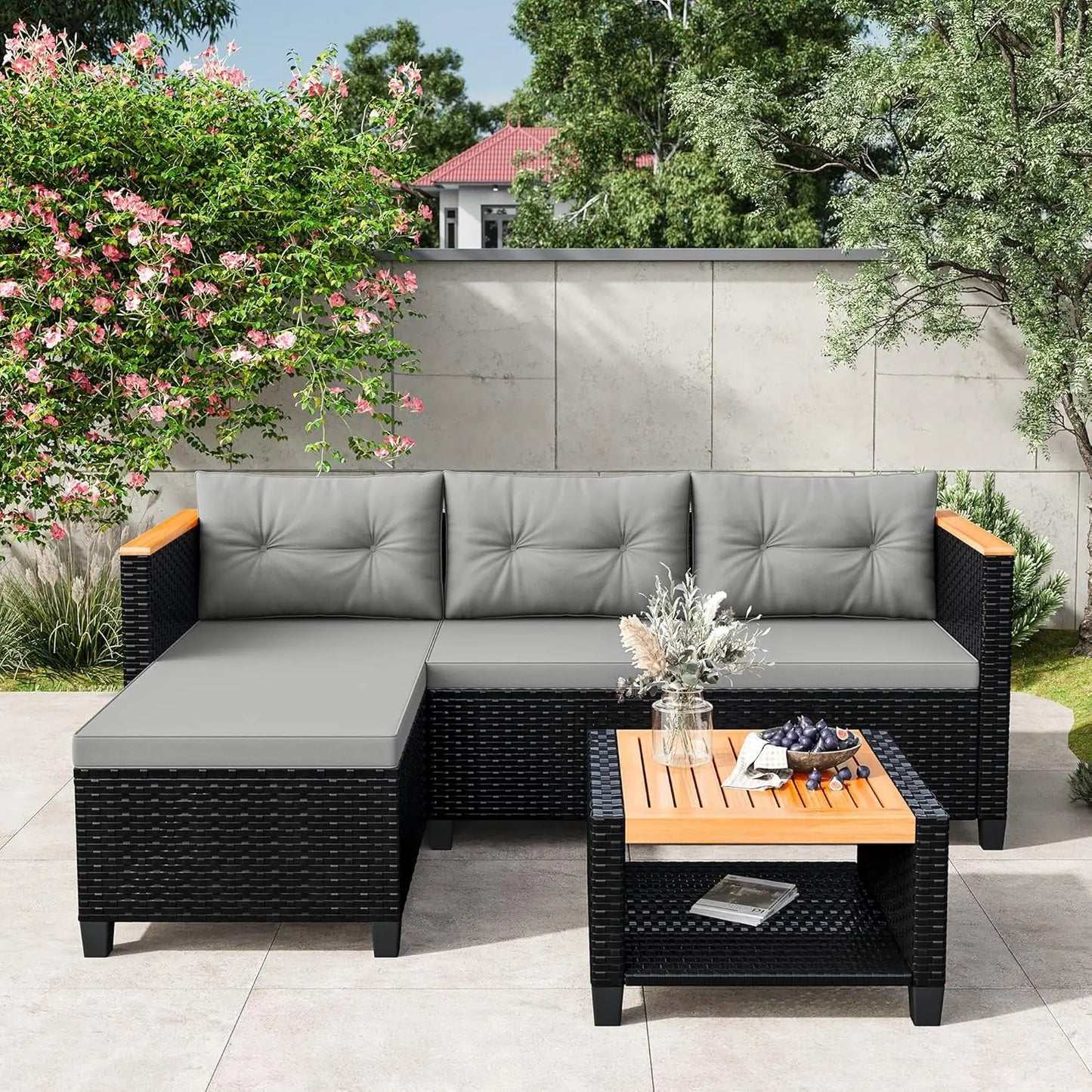 HUANZHUANG Wisteria Lane 3 Piece Rattan Outdoor Patio Set