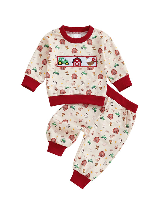 NONECN Cute Dinosaur Print Hooded Sweatshirt And Joggers Set