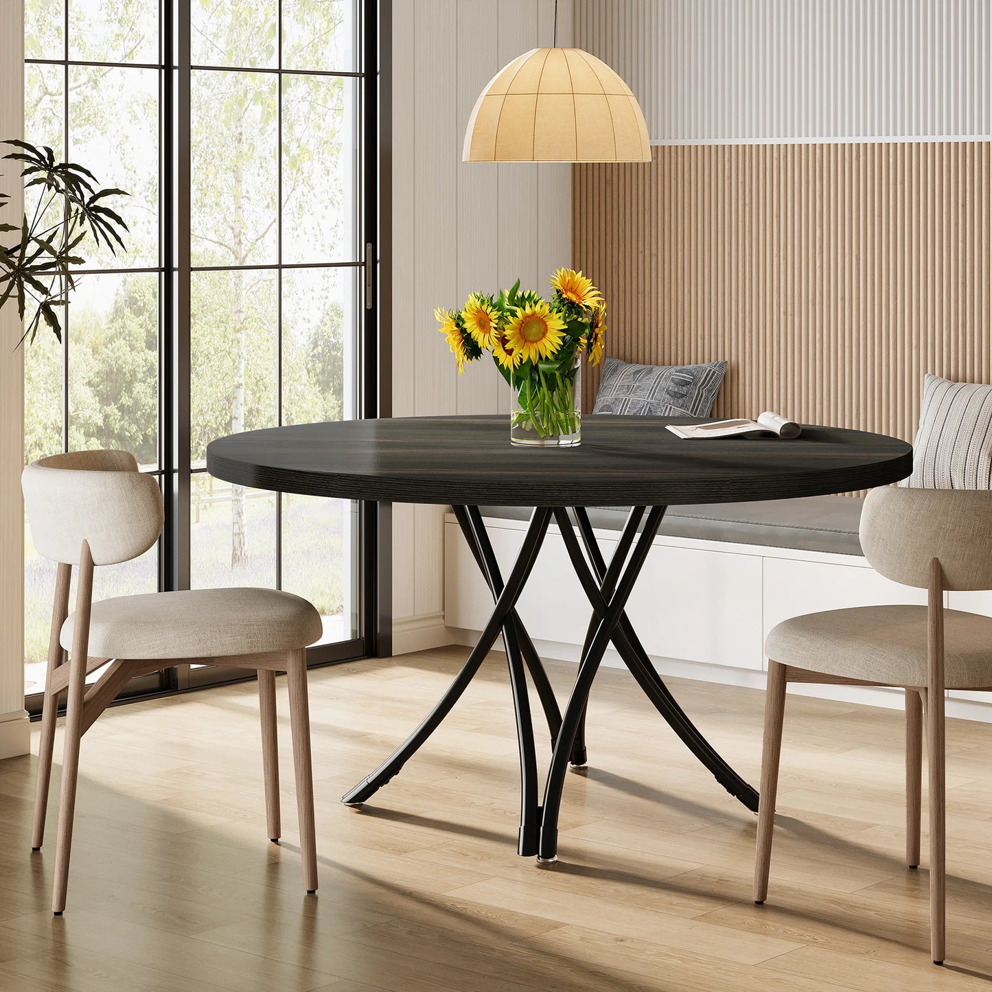 Tribesigns Round Wood Dining Table With Sturdy Metal Base
