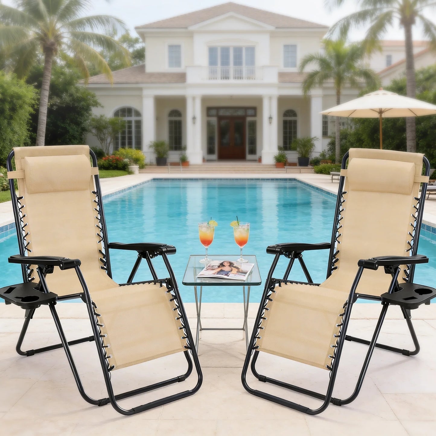JHK Portable Zero Gravity Recliners Set Of 2 With Cup Holder Trays