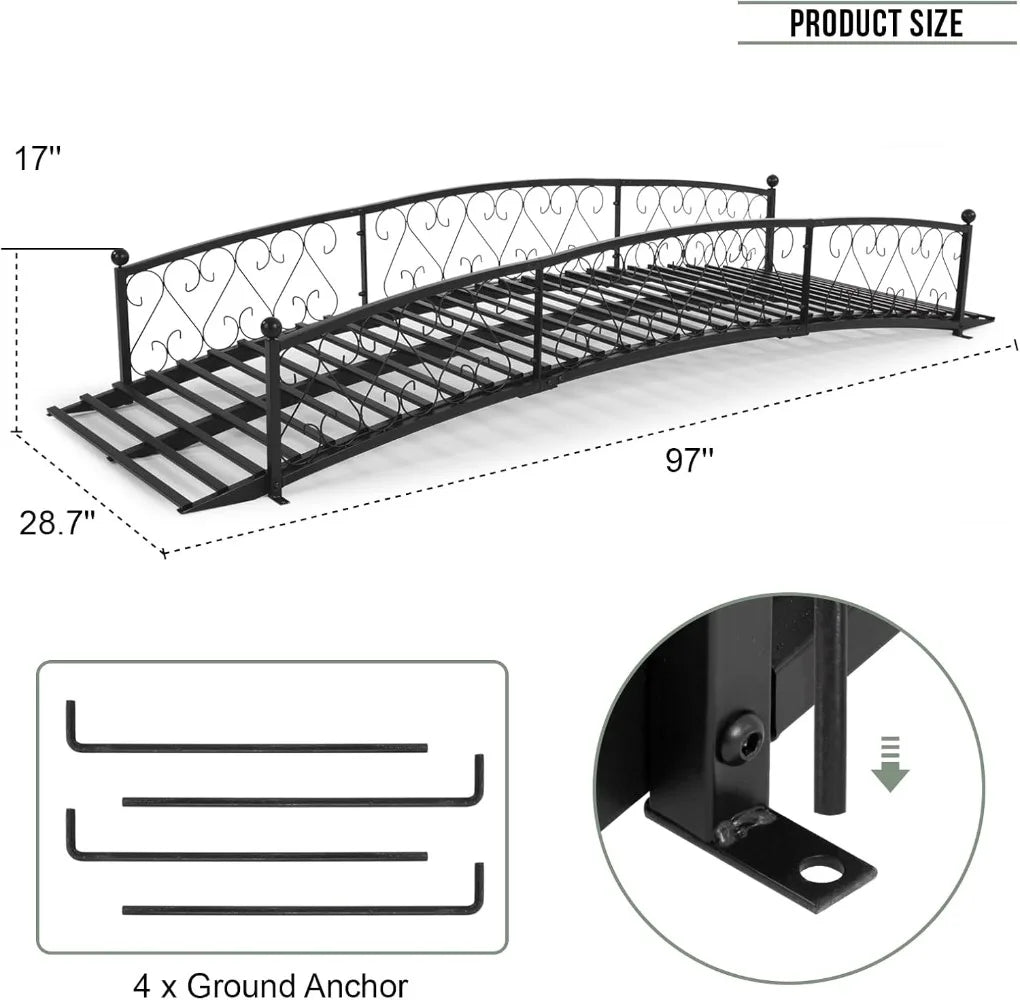 Metal Garden Bridge With Siderails For Outdoor Use