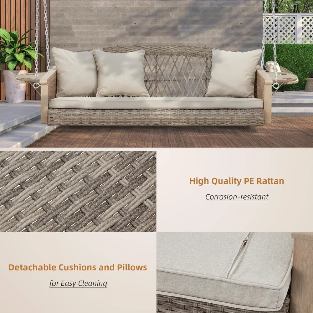 Three Person Wicker Porch Swing With Upgraded Cup Holder Cushions