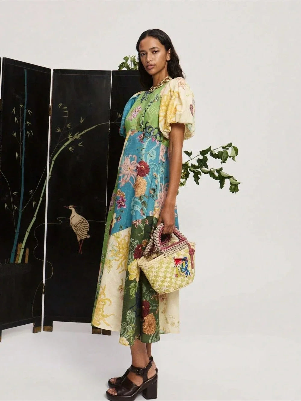 Linen Floral Patchwork Lantern Sleeve Midi Dress For Women