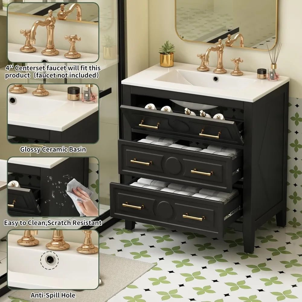 Oak Solid Wood Bathroom Vanity With Ceramic Sink And 3 Drawer Cabinet Gold Pulls