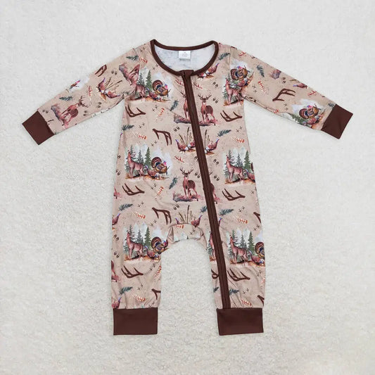 Baby Boys Bamboo Zip Romper With Deer And Turkey Theme