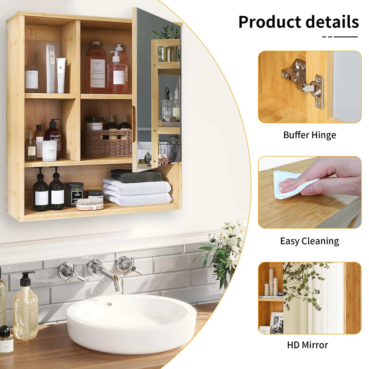 Wisfor Bamboo Bathroom Wall Cabinet With Mirror Medicine Storage Shelves