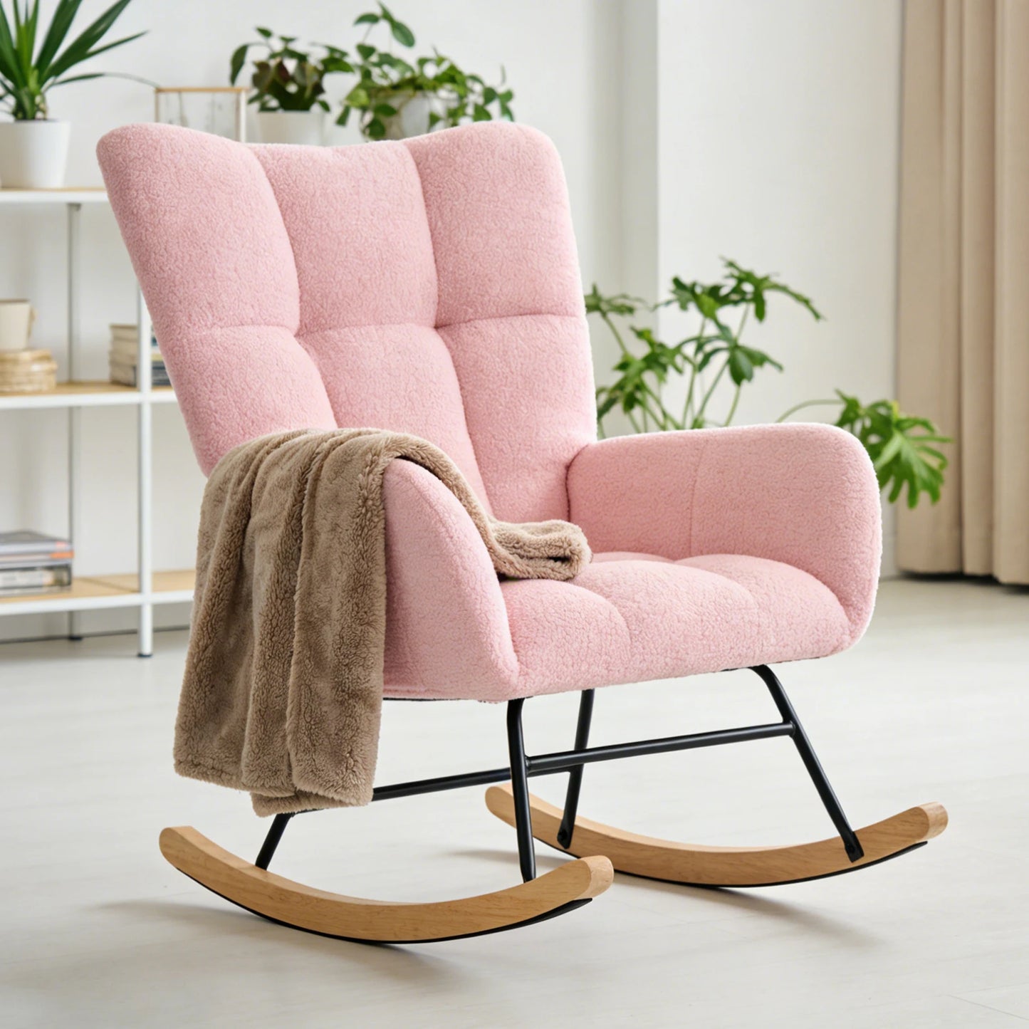 JHK Teddy Upholstered Saucer Rocking Chair With High Backrest