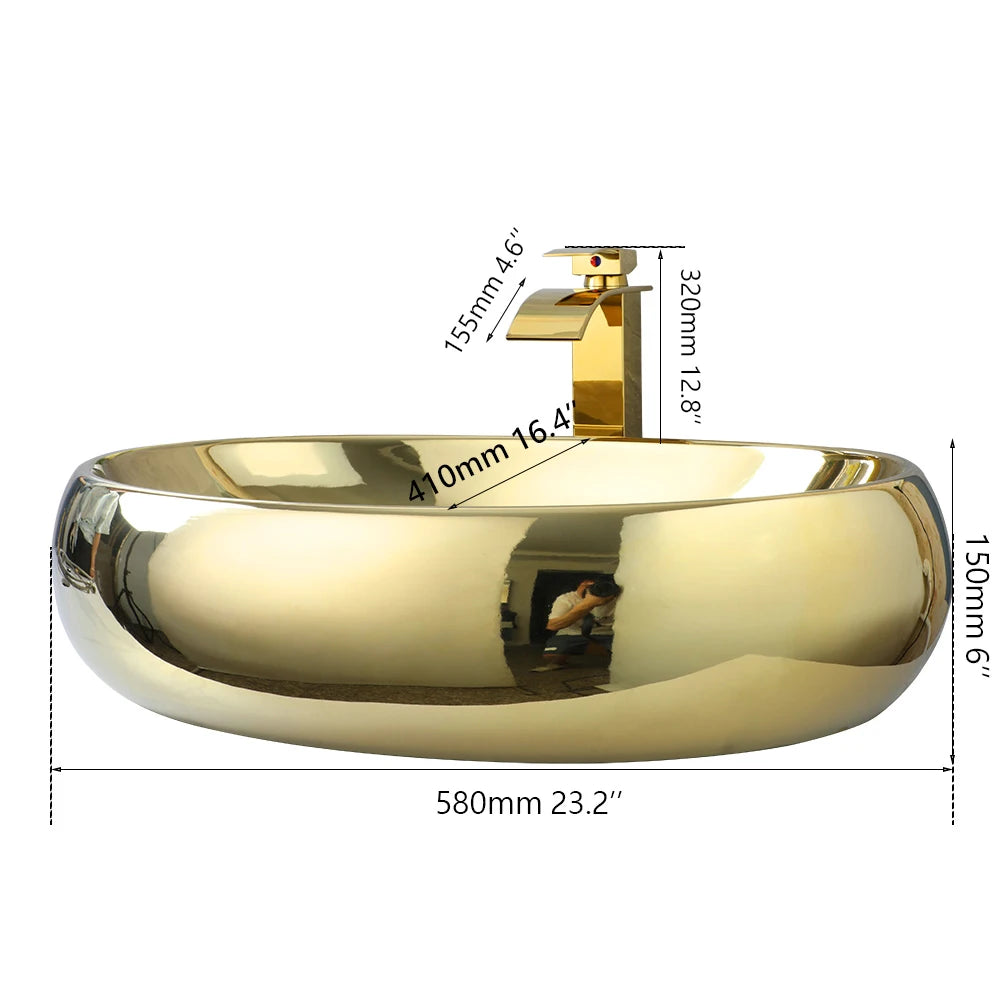 KEMAIDI Ceramic Vessel Sink With Waterfall Faucet Drain