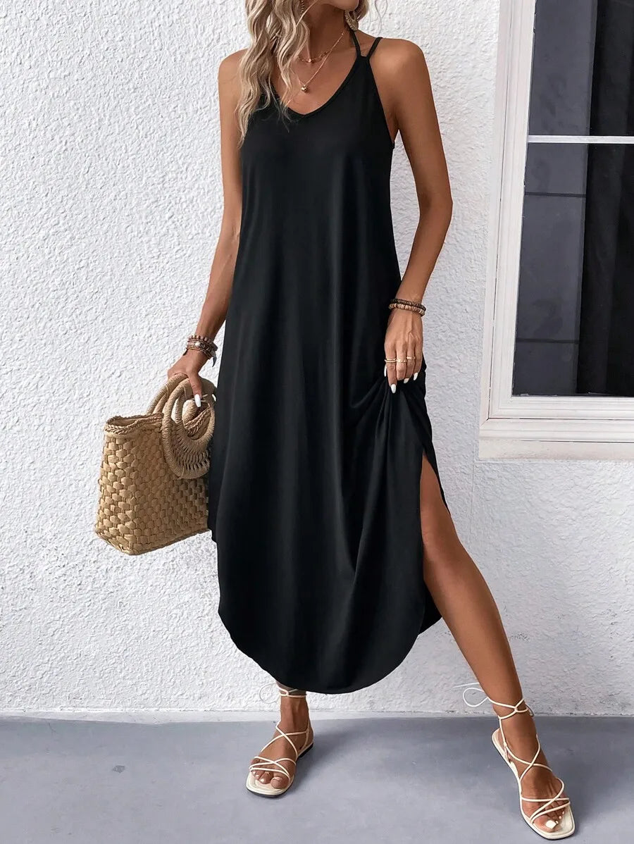 Sleeveless V Neck Maxi Dress With Side Slit Flowy Fit Casual Summer