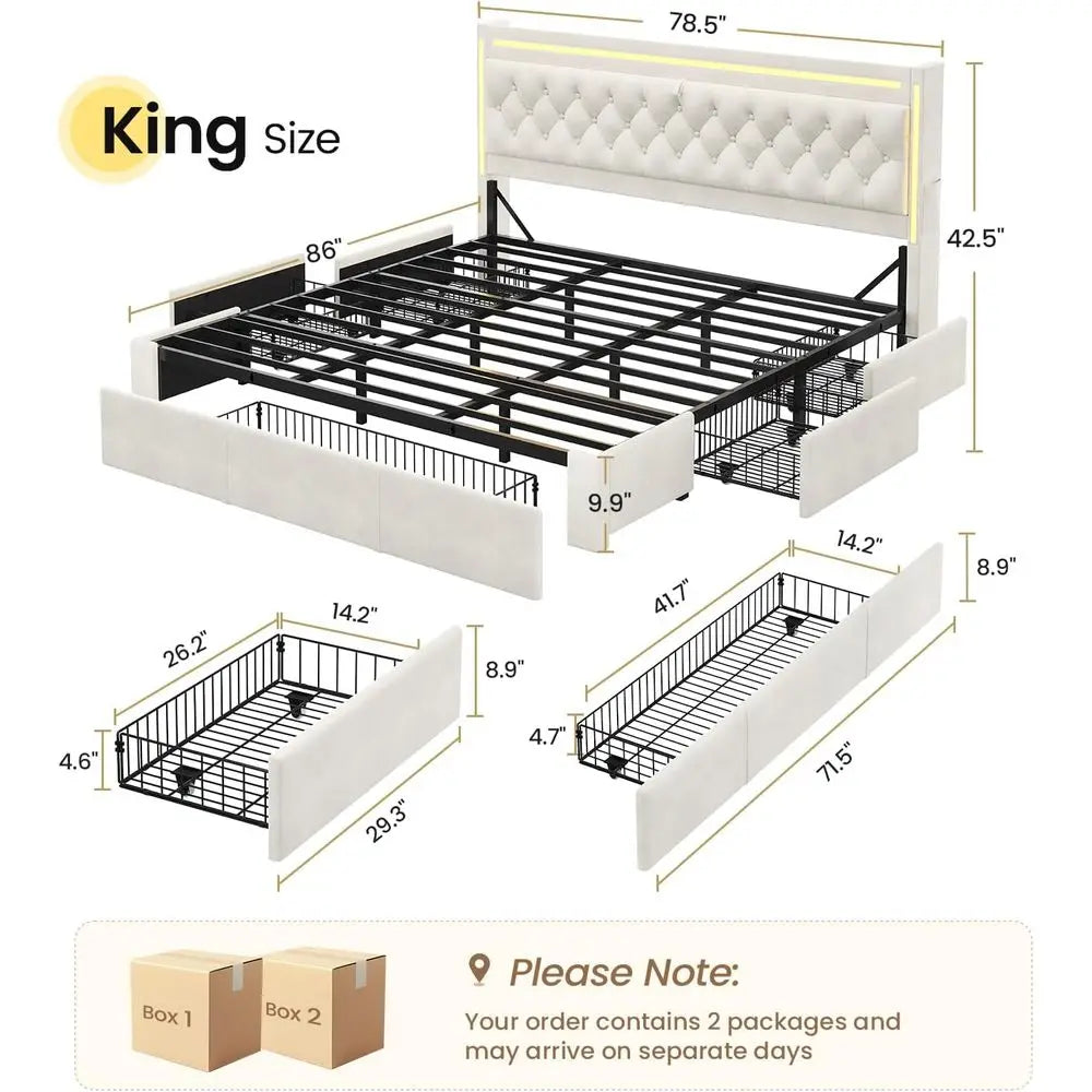LED Upholstered Bed With 5 Drawers And Charging Station