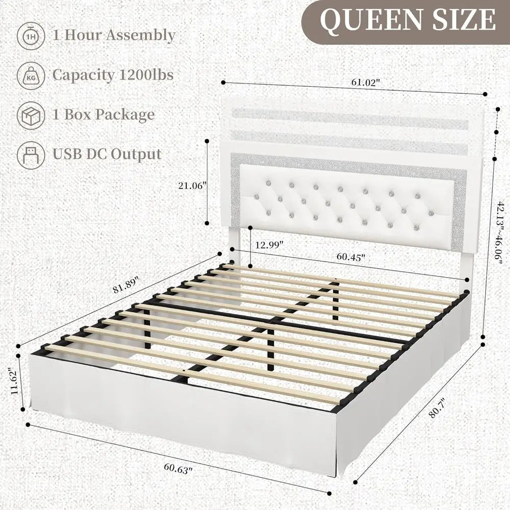 Upholstered Queen Bed Frame With Adjustable Headboard And LED Lights