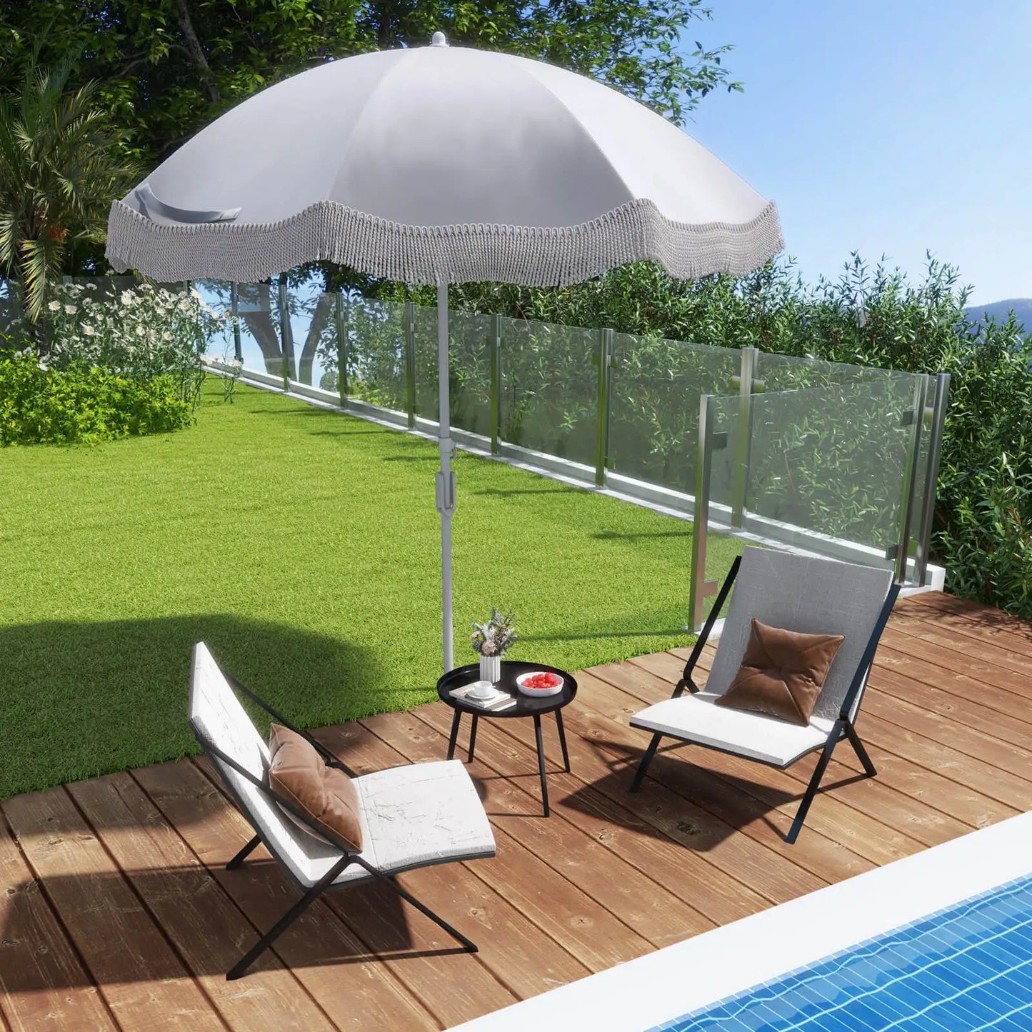 HOMASIS Outdoor Fringe Patio Umbrella With Tilt And Carry Bag