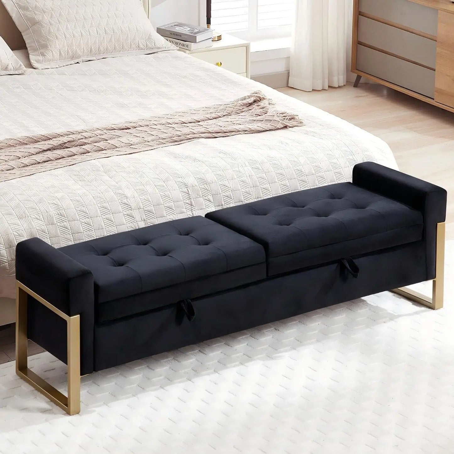 Bed End Storage Bench With Velvet Upholstery And Metal Legs