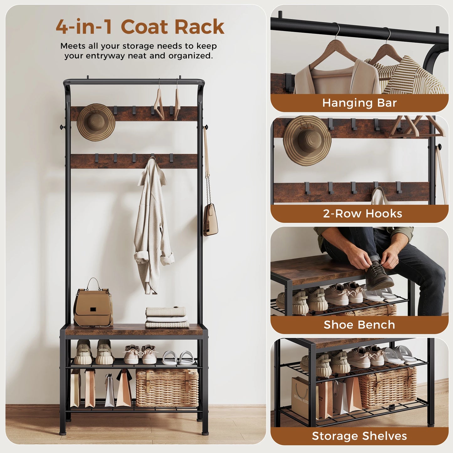 JHK 4-In-1 Coat Rack With Shoe Bench Storage Organization