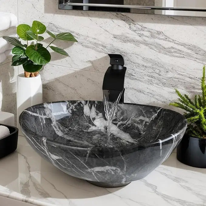 MEKKHALA Oval Vessel Sink With Faucet Marble Ceramic