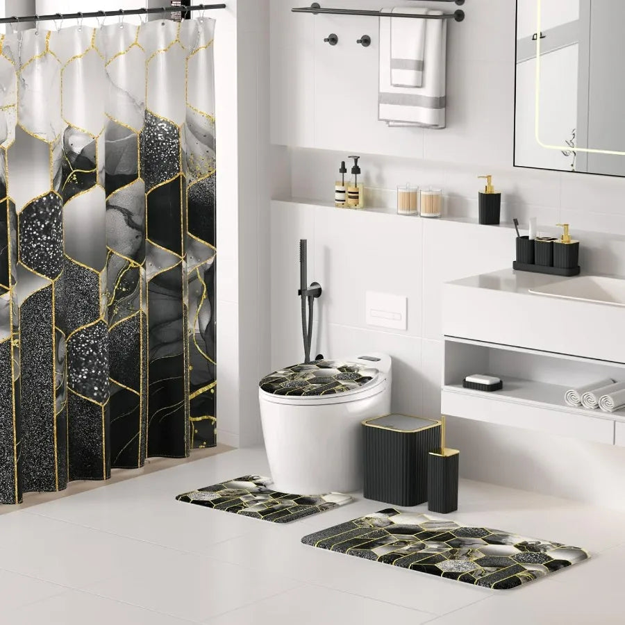 Bathroom Accessory Set With Shower Curtain And Soap Dispenser