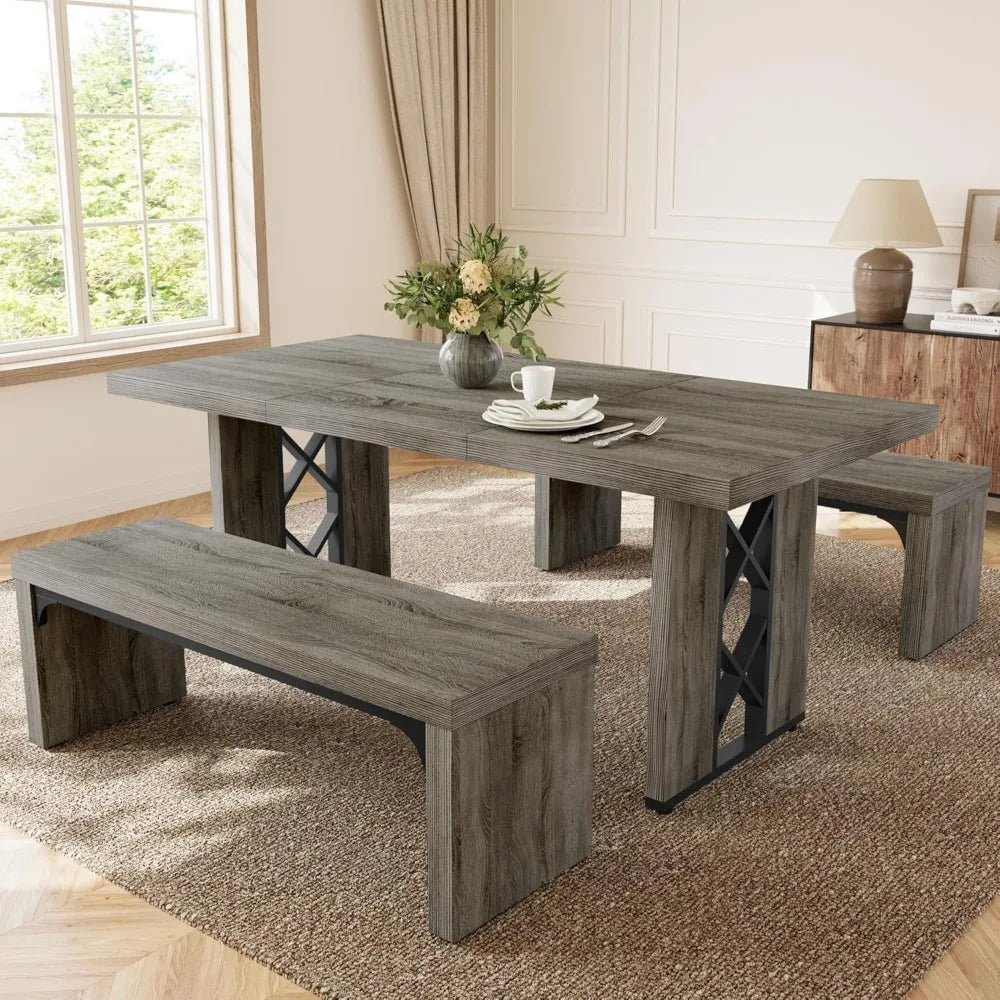 Angduo 3 Piece Dining Table Set Rectangular Table Benches